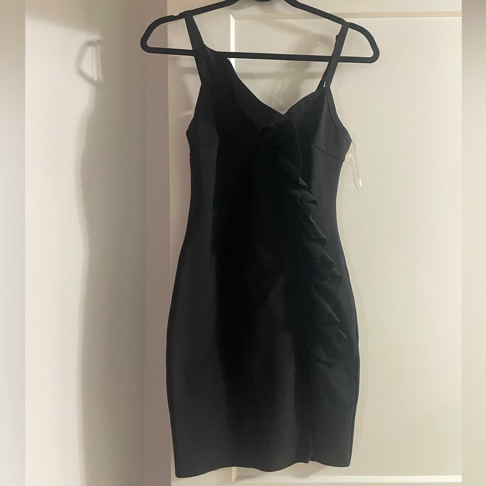 Ruffle Slit Black LBD Dress